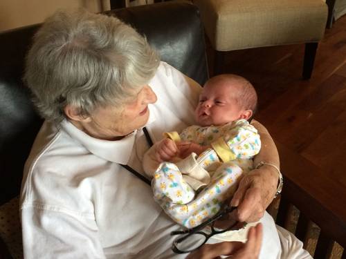 Old age is a time to remember that in baptism we are called to be connected and to let ourselves be loved. Ethel A. Vickery and her granddaughter share a loving moment. (Photo courtesy of Caroline Vickery)