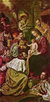 A painting of Mary holding Jesus while Joseph looks over her shoulder and the Magi kneel in front.