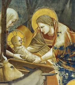 A painting Mary and Joseph and the baby Jesus in swaddling clothes.