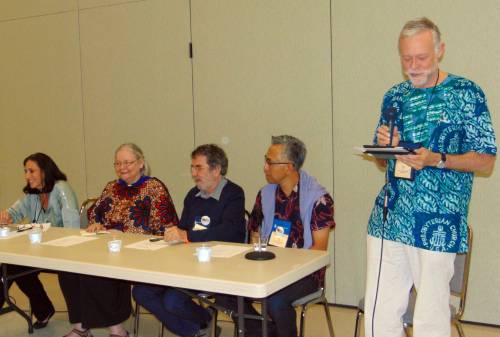 World Mission Cafe. L to R: Tracey King-Ortega, Janet Guyer, Burkhard Paetzold, Don Choi, and Doug Tilton. Photo by Kathy Melvin.