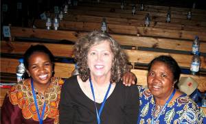 Pastors Dyna & Vero of FJKM's Women's Division flank Jan at 17th General Synod Meeting in Manakara, AUG 2012