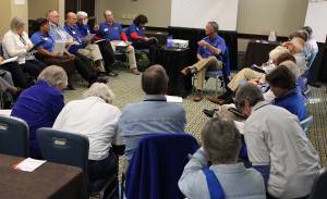 NRT leader Jim Kirk leads a series of exercises on resiliency and renewal.—Rick Jones