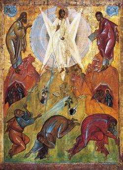 A painting of Jesus clothed in white with Moses on one side and Elijah on the other while the disciples are bowing in front of them.