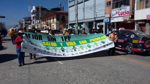 Residents of La Oroya, Peru protest the possible ratification of the TPP.