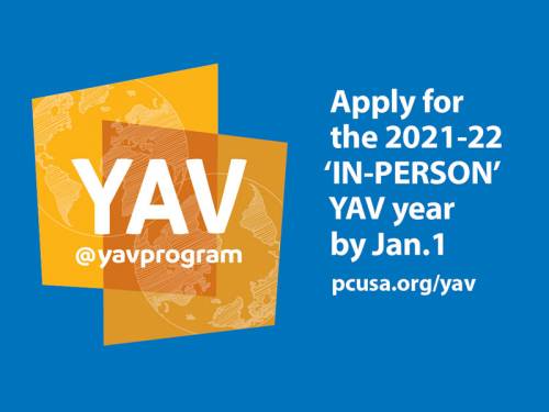YAV logo that says: Apply for the 2021 to 2022 in-person YAV year by January 1