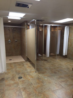 Shower stalls in the mission housing area of Canfield Presbyterian Church offer accessibility options. (Photo provided)