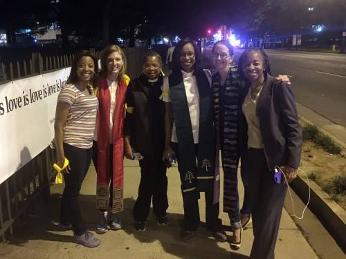 Jessica Patchett (second from left), associate pastor of Christian education at Covernant Presbyterian Church, gathered with other clergywomen Friday evening, September 23, 2106, to support protesters on the streets of Charlotte. (Photo provided)