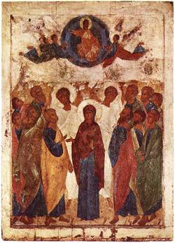 A painting of Jesus above a group of people with Mary prominent in the center; there are figures in white. apparently angels standing among the group.