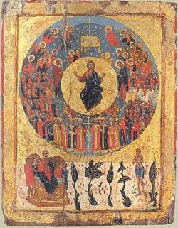 An 17th or 18th century Greek painting of saints and angels surrounding Christ's throne.