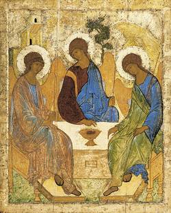 A painting of three men sitting around a table.