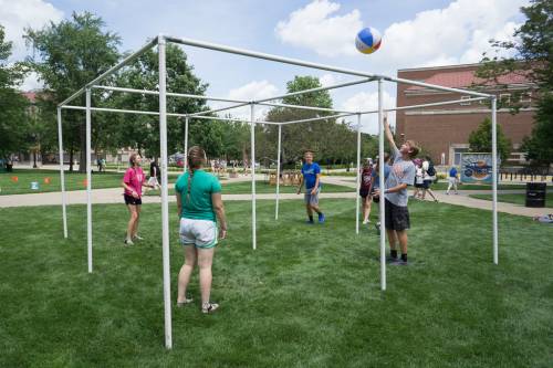 Overhead 'four square' is played Monday afternoon on Purdue University's Memorial Mall. (Photo by Gregg Brekke)