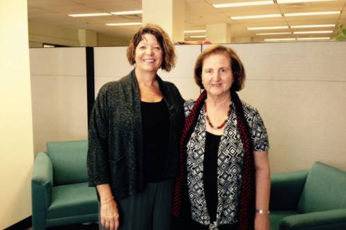 The Rev. Dr. Laurie Kraus, director of Presbyterian Disaster Assistance, recently hosted Dr. Mary Mikhael at the Presbyterian Mission Agency offices in Louisville. (Photo by Rick Jones)