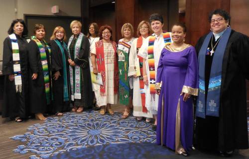 Ministers of Word and Sacrament line up to process for worship. (From left) Ruth Santana-Grace, Nydia Fernández, Carmen J. Torres-Cordero, Carmen Rosario Riviere, Sebastiana Javier (Lay Leader and International Guest from the Association of evangelical women in the Dominican Republic), Amy Méndez, Reyna Mairena, Margarita Reyes, Magdalena García, Jeniffer Rodríguez-Michel, and Marissa Galván-Valle. (Photo provided)