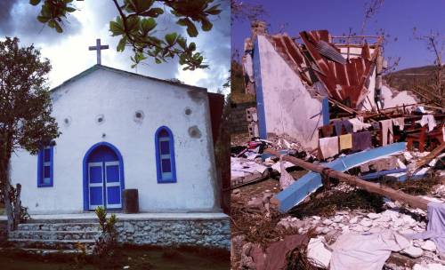Notre Dame a Fatima Catholic Church in Buvet, Haiti, is a small mission church located next door to the KPGA building. Pictured before the storm in August 2013 and after. (‘Before’ photo by Cindy Corell. ‘After’ photo by Joseph Alliance, ActionAid Haiti)