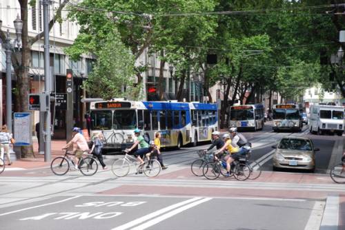 Buses on the southbound Portland Transit Mall (in Portland, Oregon), 5th Avenue, with cyclists crossing on Morrison Street. Photo was taken after MAX light rail tracks were added to the mall but before they were brought into use. Bicycles are also being carried on the fronts of the buses. Photo by Steve Morgan, via Wikimedia