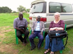 On the new campus. Rev. Michael the Registrar, Rev. Santino the Principal and me. Nile Theological College, Juba, South Sudan