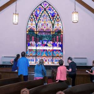 Tour of stained glass window at First Presbyterian Church of Kankakee.