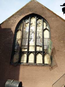 A multi-house fire destroyed the stained glass windows of the Presbyterian Church of the Crossroads in Brooklyn. —Robert Foltz-Morrison