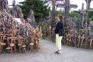 Kay Dolan from the First Presbyterian Church, Warren, Pa., views some of the estimated 100,000 crosses at the Hill of Crosses in Lithuania