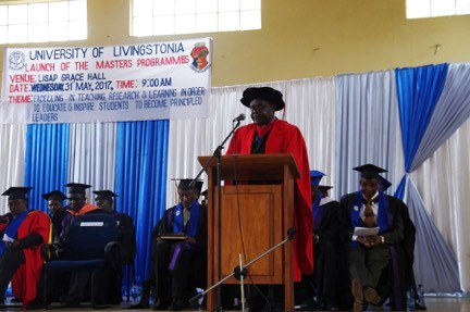 Interim Vice Chancellor of the University of Livingstonia, Rev. Dr. T.P.K Nyasulu speaking at the launch of Masters program. May 31 2017.