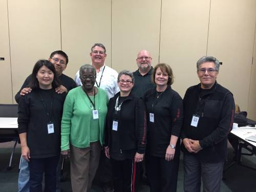 Newly Commissioned Mission Co-Workers. Left to Right: Cathy Chang, Juan Lopez, Donna Sloan, Charles Johnson, Josey Saez, Jack Cormack, Melissa Johnson, and David Cortes.