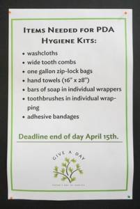 List of items requested for PDA hygiene kits at the Presbyterian Center in Louisville. —Gregg Brekke