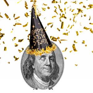 Cartoon of Benjamin Franklin wearing a Happy New Year hat