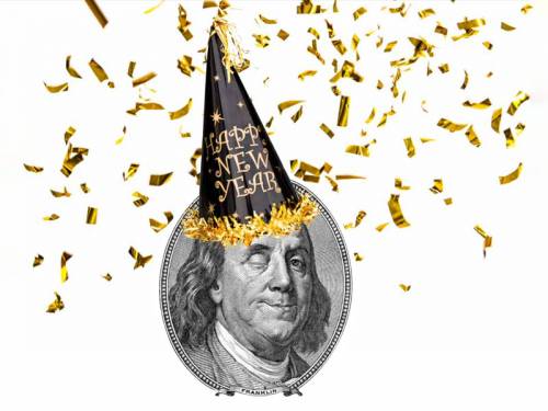 Cartoon of Benjamin Franklin wearing a Happy New Year hat