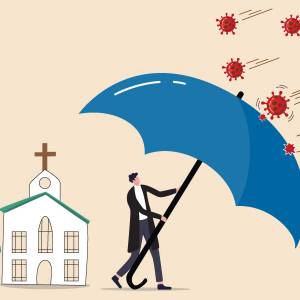 Illustration of a man holding a giant umbrella, shielding his church. Covid molecules are bombarding the umbrella.