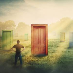Illustration of a man looking at several doors trying to decide which to enter