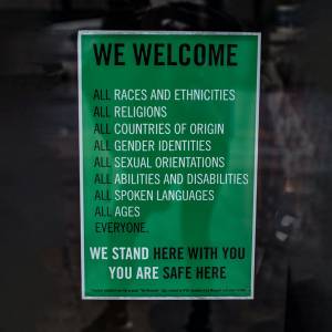 Sign that welcomes all races and ethnicities, religions, countries of origin, gender identities, sexual orientations, abilities and disabilities, spoken languages, ages… everyone.