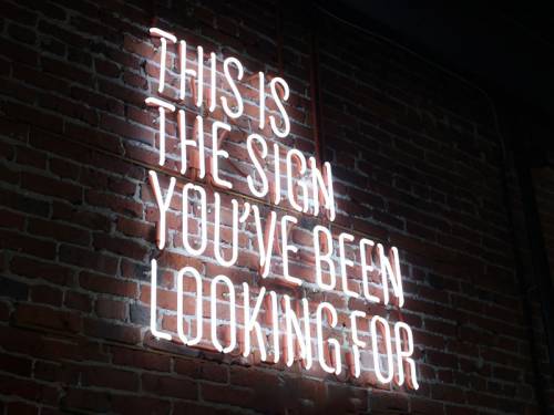 Neon sign on brick wall that reads ‘This is the sign you’ve been looking for’