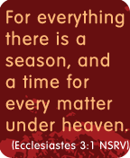For everything there is a season, and a time for every matter under heaven. (Ecclesiastes 3:1 NSRV)