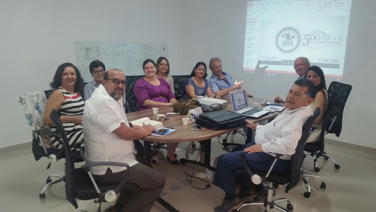 Theologians scan writers for the Reformation series of Caracol TV channel and El Espectador newspaper (photo from the Reformed University secretary)