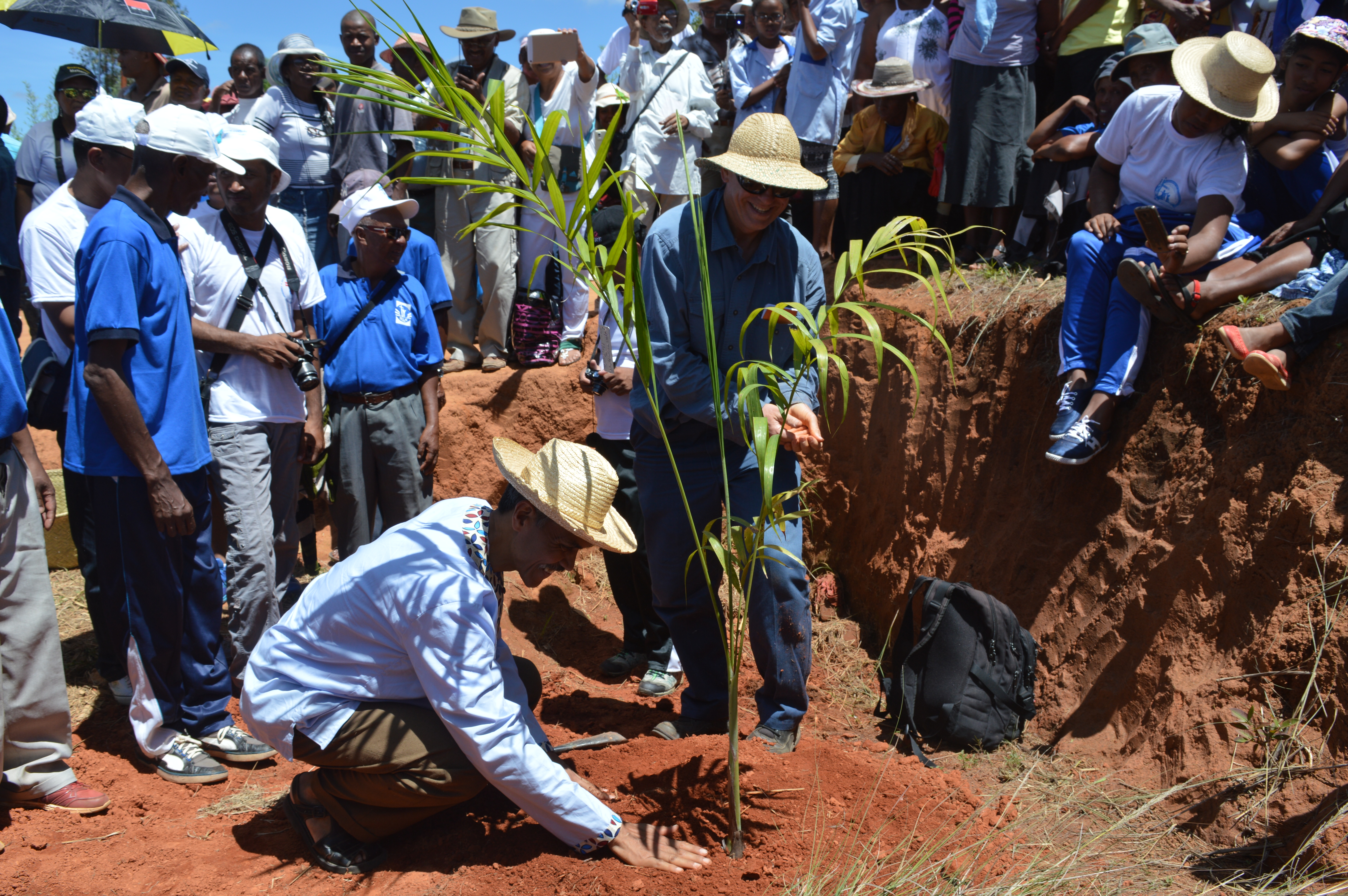Dan & President Ammi planting native palm FJKM tree planting. Caption: Dan and FJKM President Ammi planting a Dypsis madagascariensis palm at the annual FJKM tree planting event, February 4, 2017