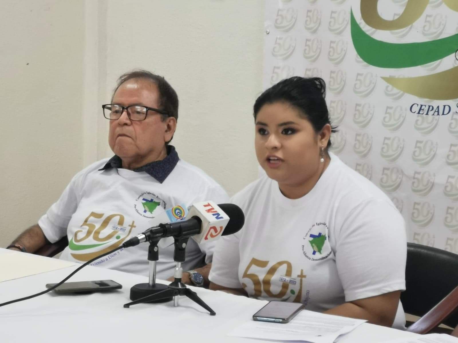 Emily Reyes and Evenor Jerez holding a press conference for CEPAD’s 50th Anniversary