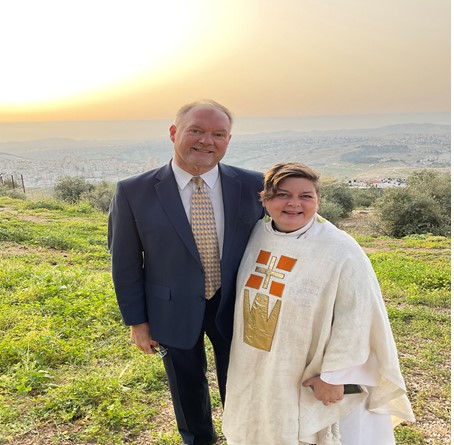 Doug with Pastor Carrie Ballenger following the sunrise service on the Mount of Olives in Jerusalem.