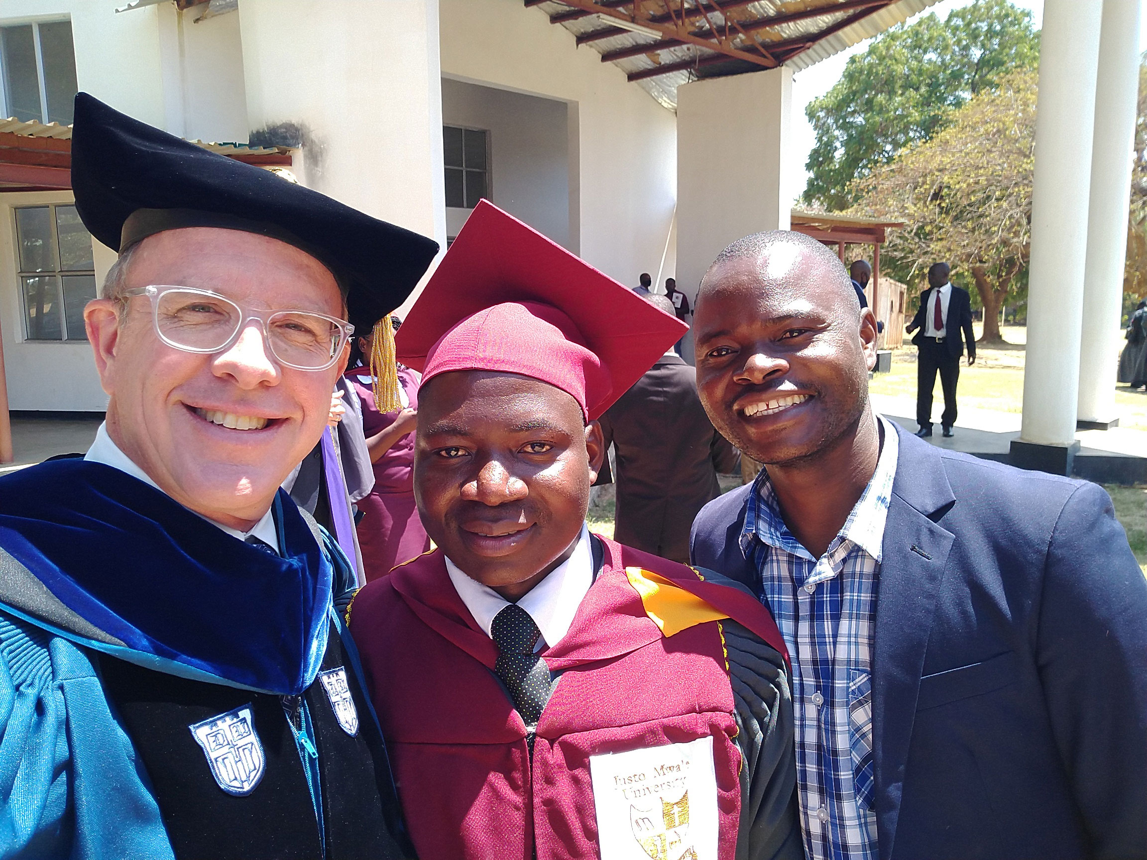 Dustin, John Mokotha and Khumbo Mkandawire at graduation. Having just graduated, John is already pastor of several thousand church members in Malawi. Khumbo hopes to become a theology lecturer.