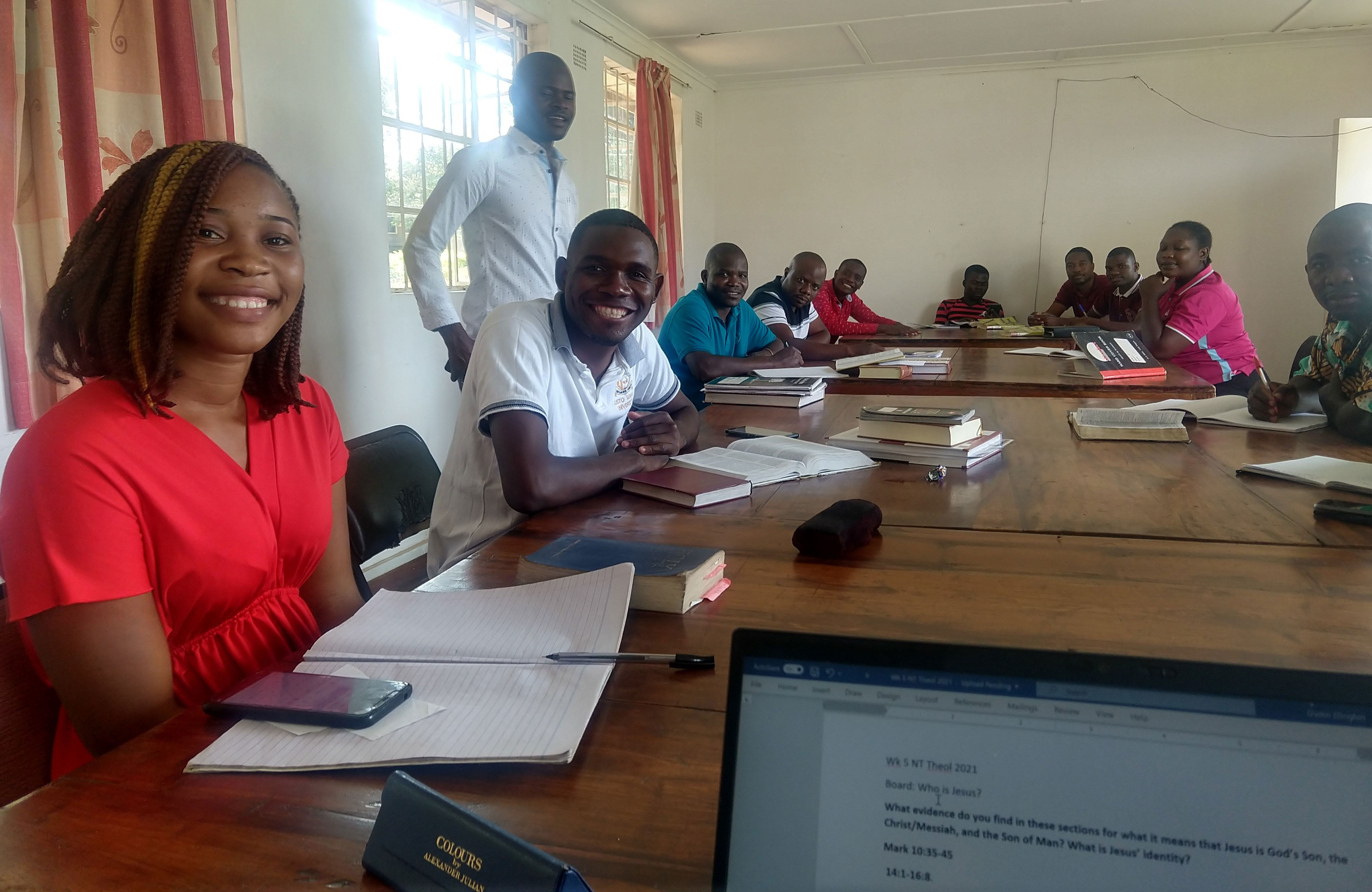 Rachael Tembo and other members of Dustin’s New Testament Theology class. Thankfully, Zambia’s high rate of COVID in June and July has subsided to a positivity rate of less than 1%. Justo Mwale classrooms are almost like teaching outdoors; they’re breezeways with numerous open windows on two sides.