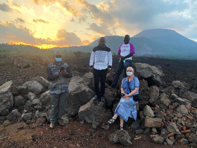 CPK President, Rev. Kalonji with Fidel Kyanza of ECC-MERU and Christi Boyd of PC(USA) at the foot of Nyiragongo’s lava trail.