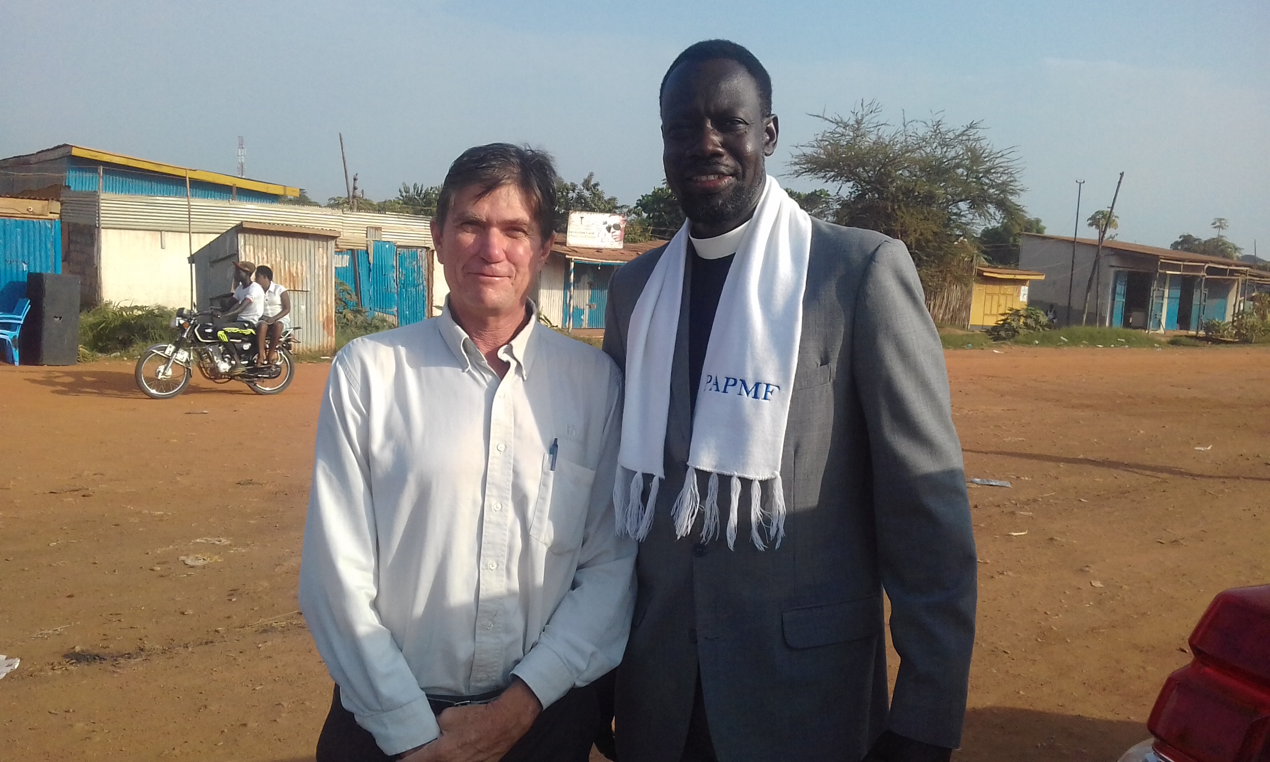 Jim with Rev. Tut outside of a Dinka congregation after Rev. Tut preached there one Sunday. One of many South Sudanese working towards peace through the love of Christ.