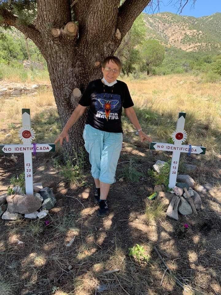 Sister Lucy Nigh of the School Sisters of Notre Dame following a cross planting in remembrance of two women who died this year in the Huachuca Mountains west of Douglas. They have yet to be identified. Photo by Sister Judy Bourg