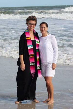 The Rev. Katy Steinberg (left), pastor of Missing Peace, a 1001 New Worshiping Community in Florida, celebrates with a regular attendee who decided to be baptized.