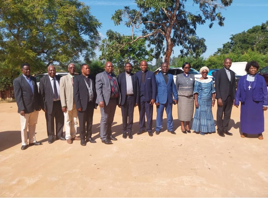 The Standing Committee of the CCAP General Assembly (GA) in Mzuzu, Malawi, on June 15, 2023. From left to right: Mr. Sangster Nkandwe, Elder – Livingstonia Synod, Mr. Edward Kalua, Elder – Blantyre Synod, Mr. Fletcher Moyo, Elder – Blantyre Synod, Rev. Willie Tembo, General Secretary, Livingstonia Synod, Rev. Reuben Msowoya, Moderator, Livingstonia Synod, Rt. Rev. Biswick Nkhoma, Moderator, CCAP GA, Rev. Philip Kambulire, Moderator, Nkhoma Synod, Rev. Dr. Billy Gama, General Secretary, Blantyre Synod, Rev. Dr. Mwawi Chilongozi, Secretary General, CCAP GA, Mrs. Yavumba Nyasulu, General Treasurer, Livingstonia Synod, Rev. Vasco Kachipapa, General Secretary, Nkhoma Synod and Rev. Edina Navaya, Moderator, Blantyre Synod