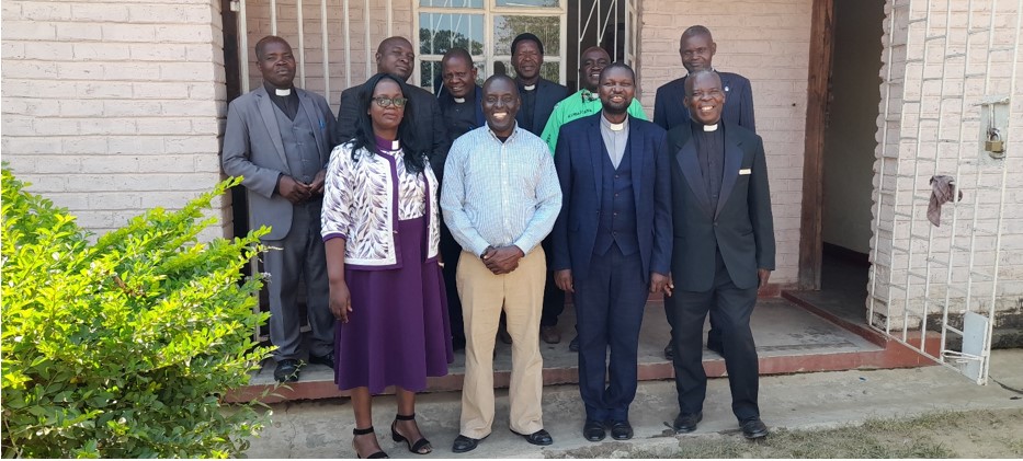 Participants of Chaplaincy Training Workshop held June 13-14, 2023. Back row from left to right: Rev. Gideon Zimba, Zambia Synod; Rev. Shadreck Jere, Livingstonia Synod; Rev. Julius Siwinda, Malawi Police Service (MPS), Rev. Stanley Chimesya, Blantyre Synod; Rev. Joshua Maseko, Harare Synod and Mr. J. Kachere, MPS. Front row from left to right: Rev. Dr. Mwawi Chilongozi, Secretary General, GA; Dr. Ndumanene Silungwe, Psychologist, St. John of God; Rt. Rev. Biswick Nkhoma, Moderator, GA, and Rev. Gamaliel Kalebe, Nkhoma Synod