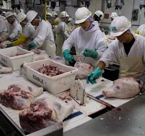meatpacking workers on line with bones and meat