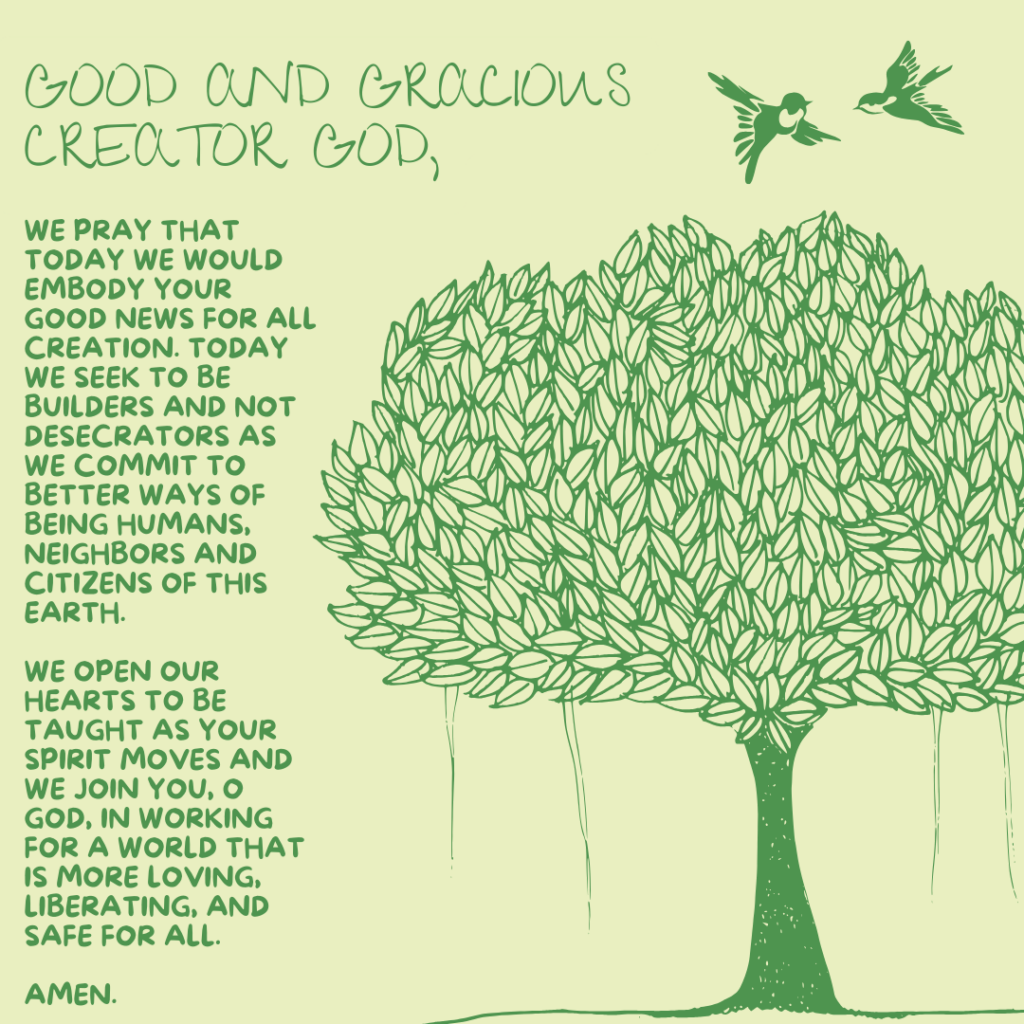 Green and yellow graphic with tree, birds, prayer