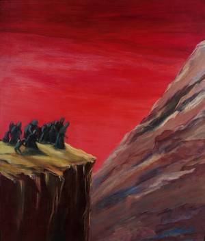 Painting of Armenians on death march, huddled dark figures on cliff against blood-red sky.